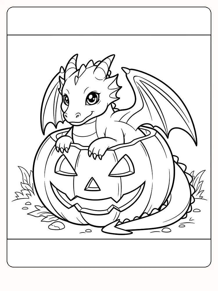 Tegning til farvelægning af en sød drage, der sidder i et udskåret græskar, klar til Halloween