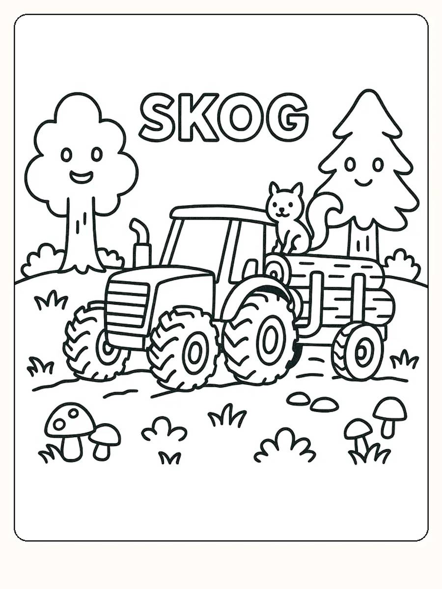 Fargeleggingstegning av traktor med katt i skogen, klar til utskrift