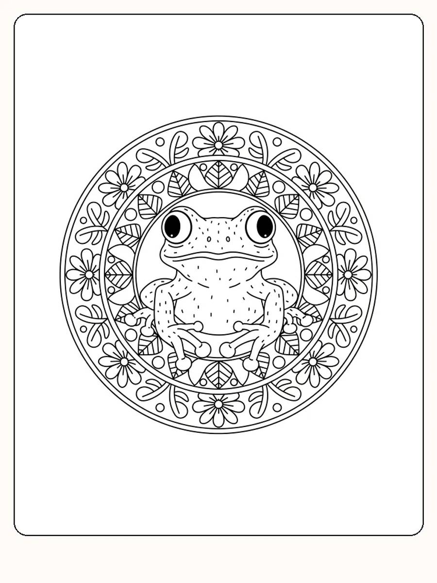 Målarbild av en groda omgiven av en mandala med blommor, redo för utskrift.