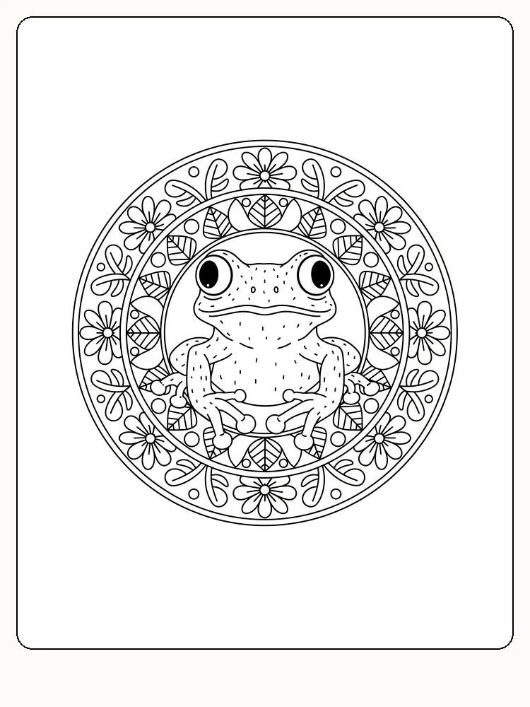 Målarbild av en groda omgiven av en mandala med blommor, redo för utskrift.