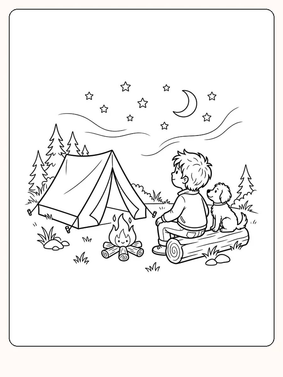 Telt ved et leirbål om natten, der et barn og en hund sitter på en trestokk og ser opp mot en halvmåne og stjerner