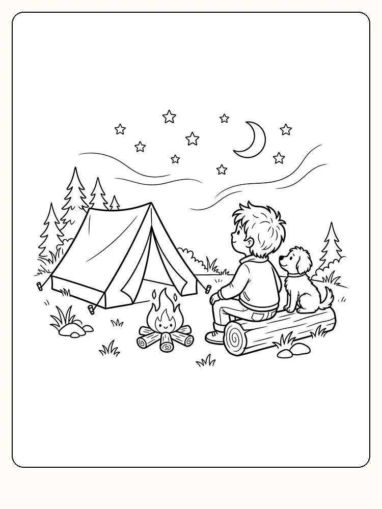 Telt ved et leirbål om natten, der et barn og en hund sitter på en trestokk og ser opp mot en halvmåne og stjerner