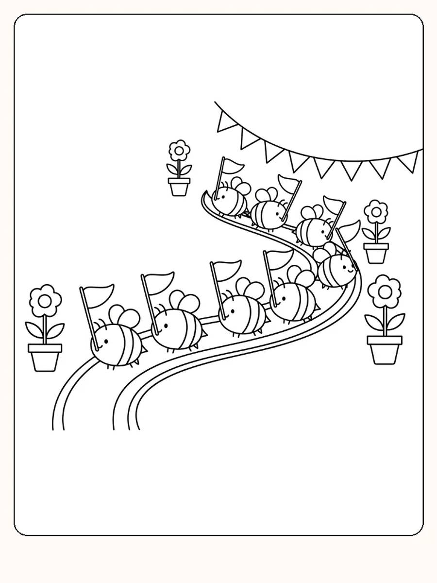 Tegning til farvelægning af bier med flag på en bugtet bane med blomster