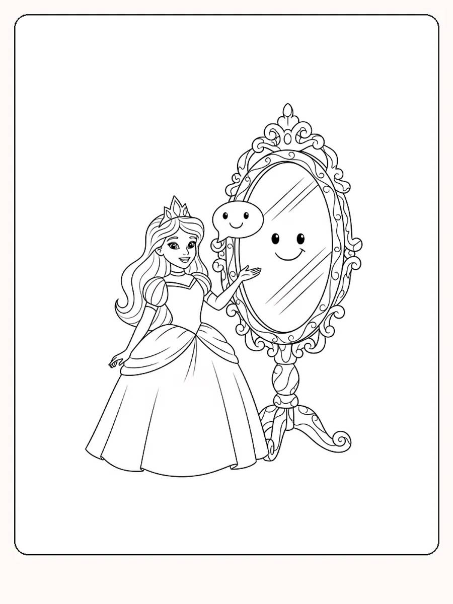 Fargeleggingsbilde av en prinsesse med et smilende ansikt i speilet, klar for fargelegging