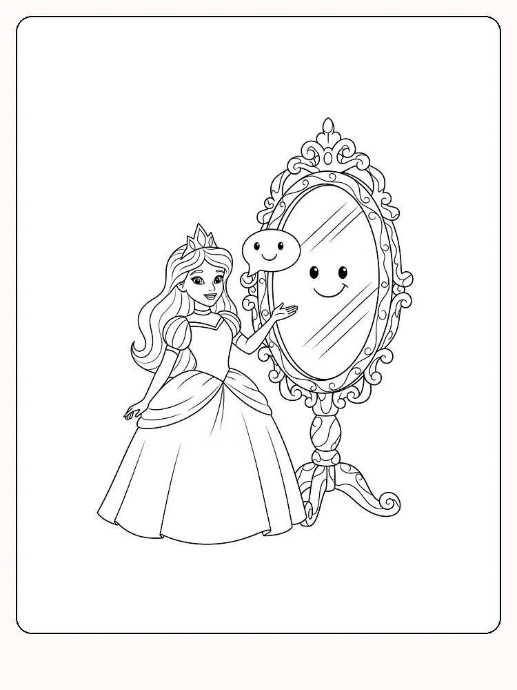 Fargeleggingsbilde av en prinsesse med et smilende ansikt i speilet, klar for fargelegging