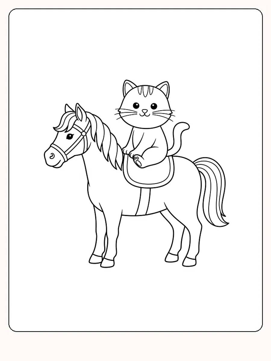 Fargeleggingstegning av katt som rir på en hest, klar for utskrift