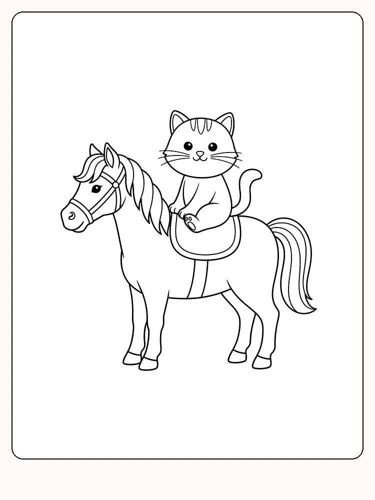 Fargeleggingstegning av katt som rir på en hest, klar for utskrift