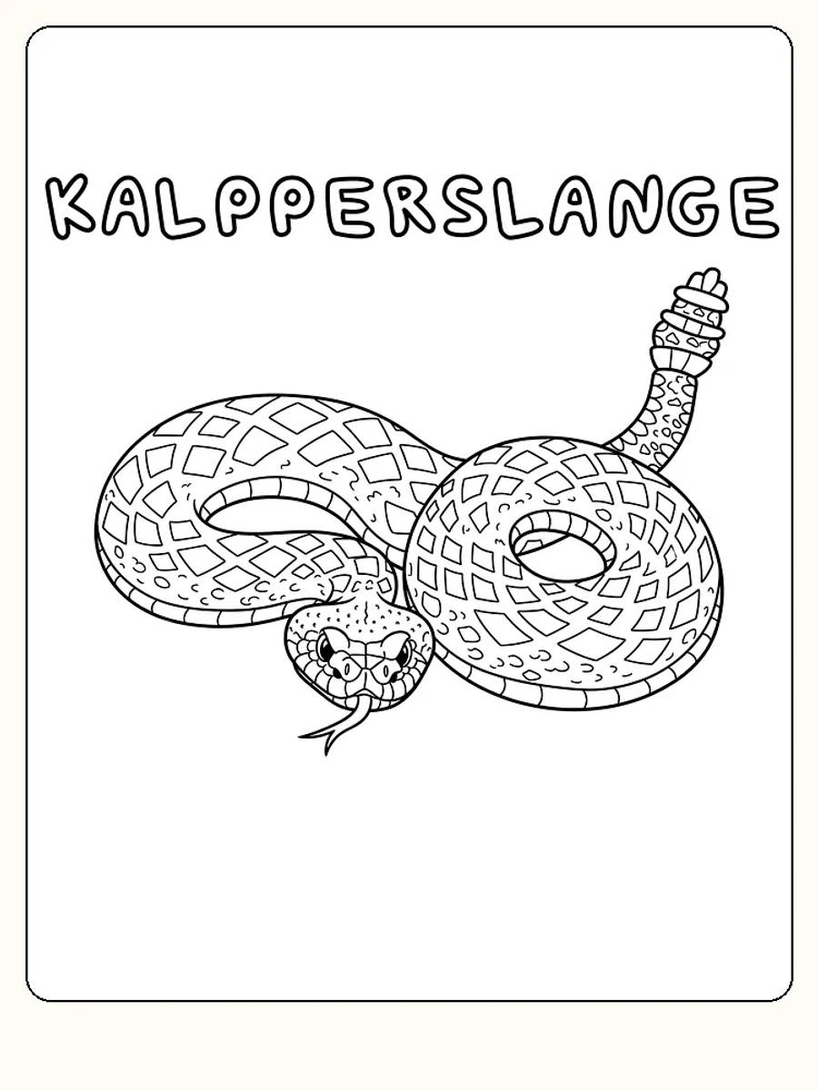 Tegning til farvelægning af en klapperslange med detaljerede mønstre og en stor rangle på halen
