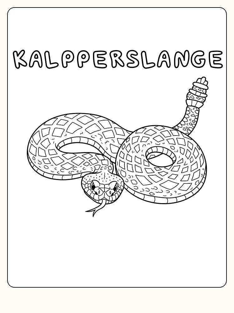Tegning til farvelægning af en klapperslange med detaljerede mønstre og en stor rangle på halen