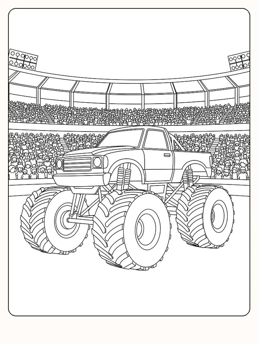 Fargeleggingsbilde av en monstertruck på stadion, ideell for nedlasting