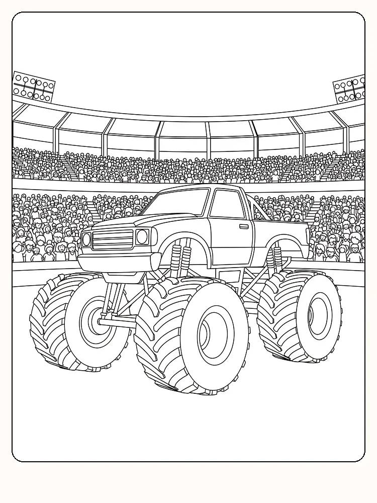 Fargeleggingsbilde av en monstertruck på stadion, ideell for nedlasting