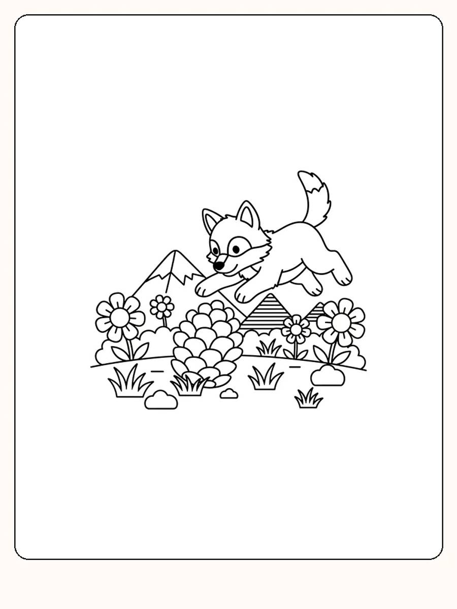 Farvelæg en ræv, der leger på en blomstereng foran bjergene