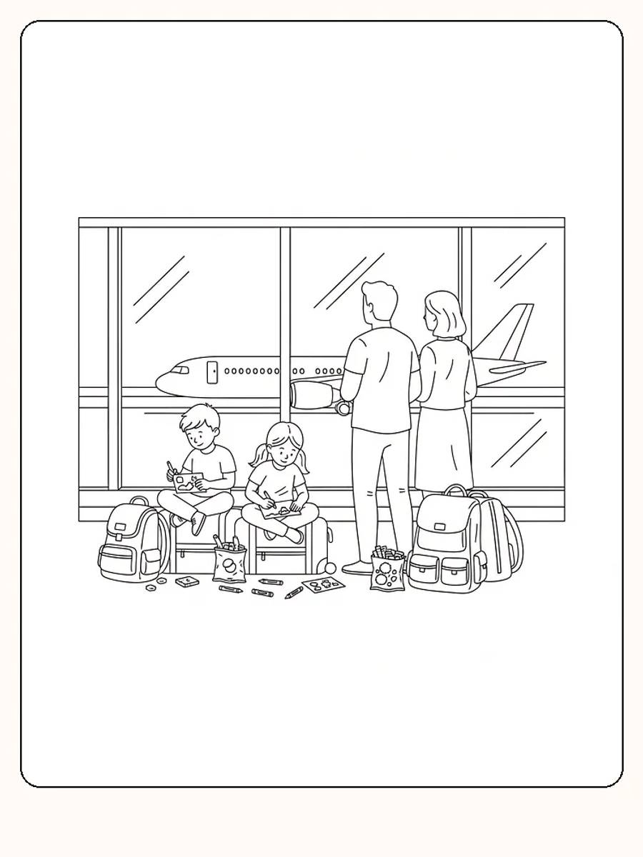Tegning til farvelægning af familie i lufthavnen, børn der tegner, mens de venter, klar til download