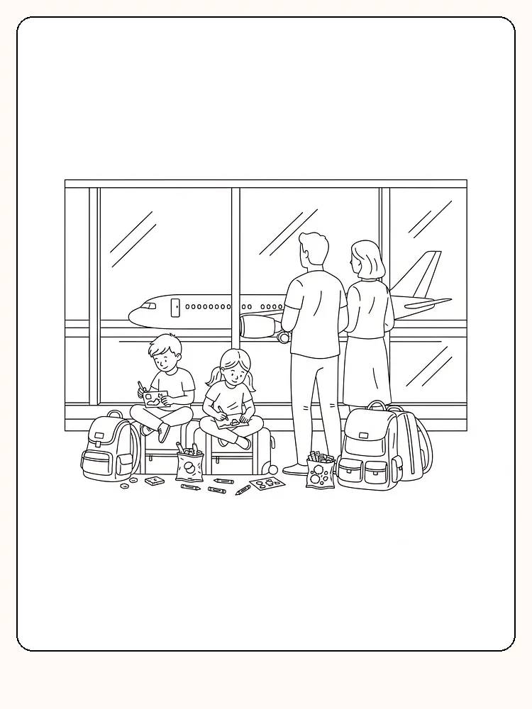 Tegning til farvelægning af familie i lufthavnen, børn der tegner, mens de venter, klar til download