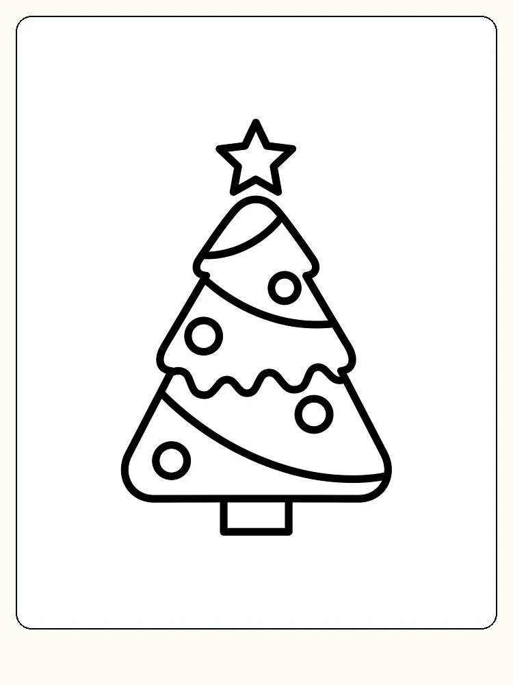 Fargeleggingsbilde av et juletre med stjerne og julekuler, klart for utskrift