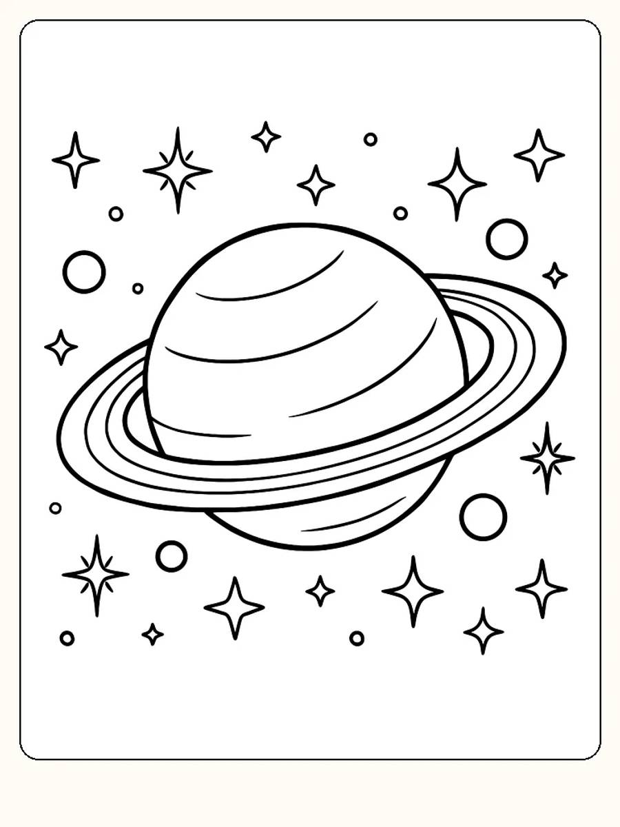 Tegning til farvelægning af en planet med ringe og stjerner rundt om, klar til print