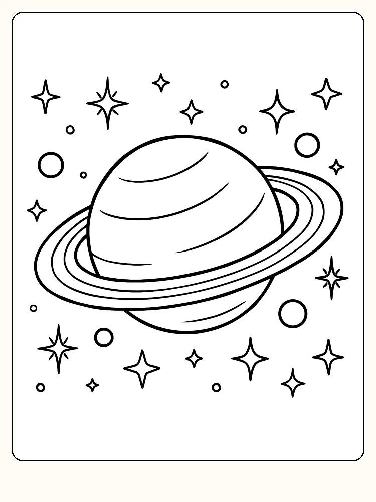 Tegning til farvelægning af en planet med ringe og stjerner rundt om, klar til print