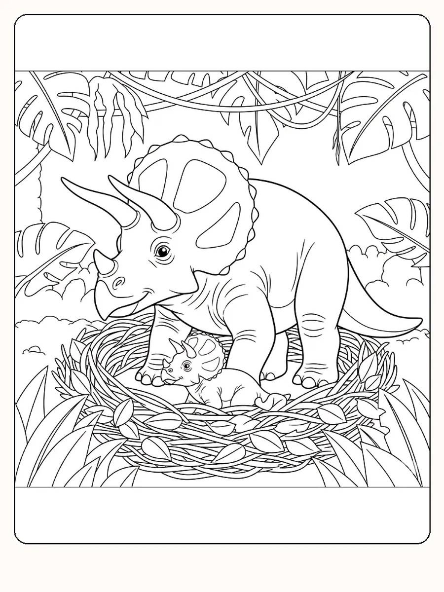 Fargeleggingsbilde av en triceratops med en baby i et rede, omgitt av jungelblader