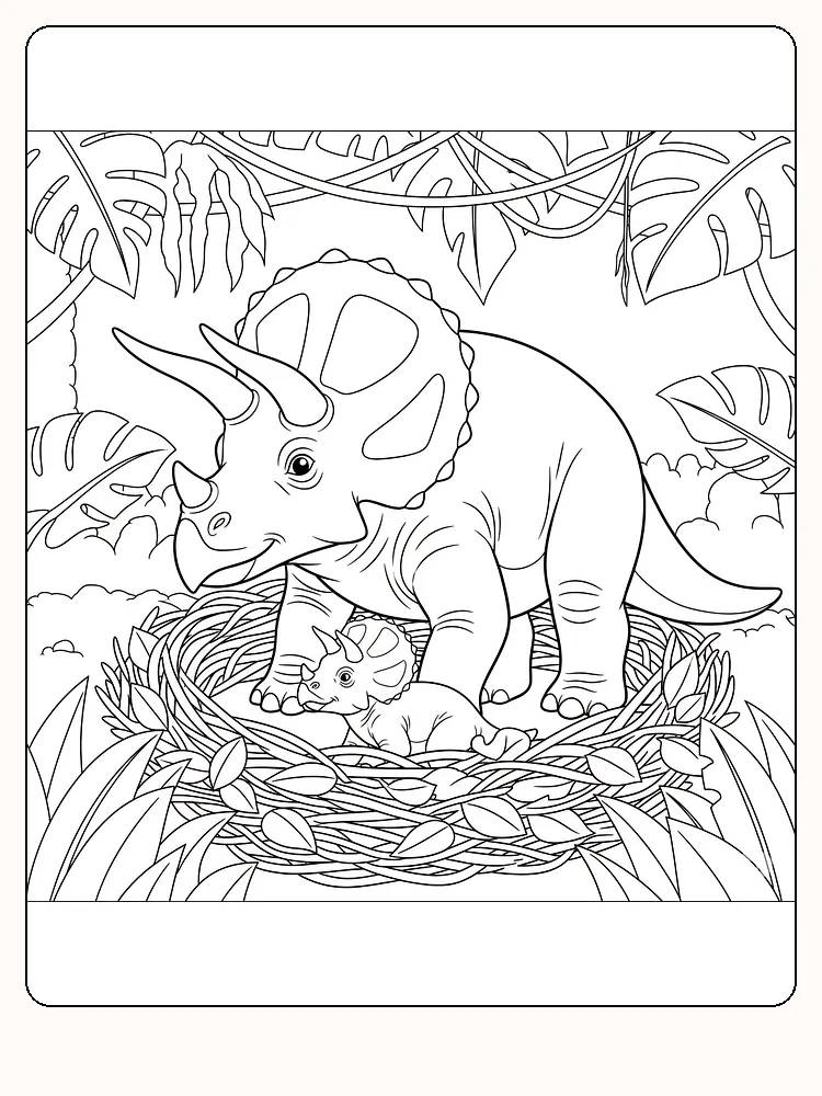 Fargeleggingsbilde av en triceratops med en baby i et rede, omgitt av jungelblader