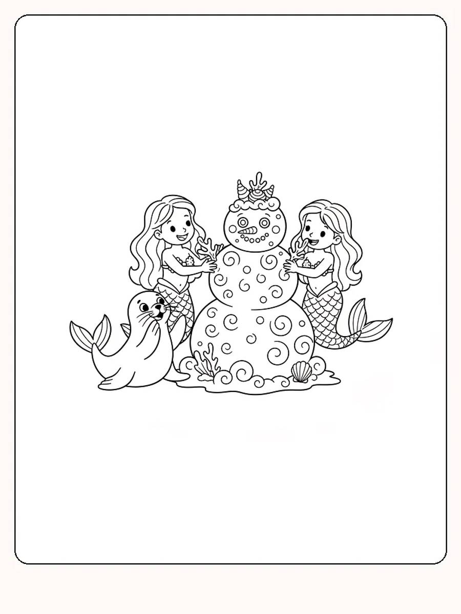 Tegning til farvelægning af havfruer, der bygger en snemand med en sæl, klar til print