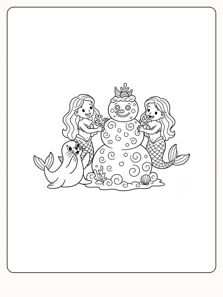 Tegning til farvelægning af havfruer, der bygger en snemand med en sæl, klar til print