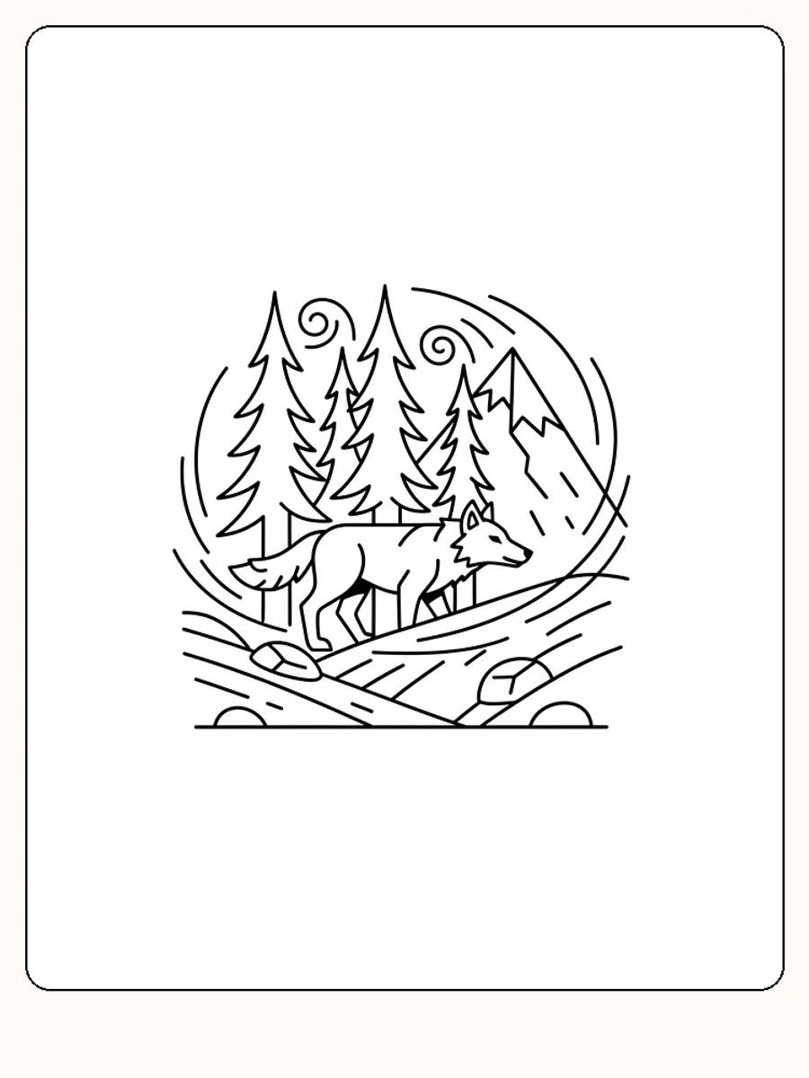 Tegning til farvelægning af en ulv, der vandrer i skoven med bjerge bagved, klar til download
