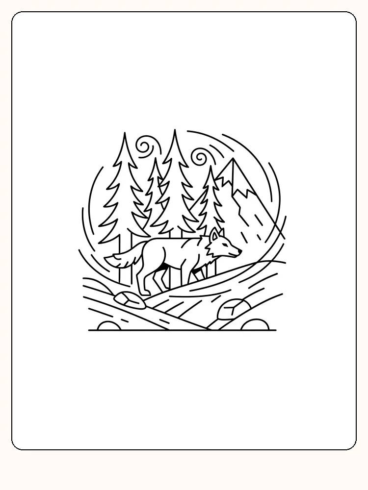Tegning til farvelægning af en ulv, der vandrer i skoven med bjerge bagved, klar til download