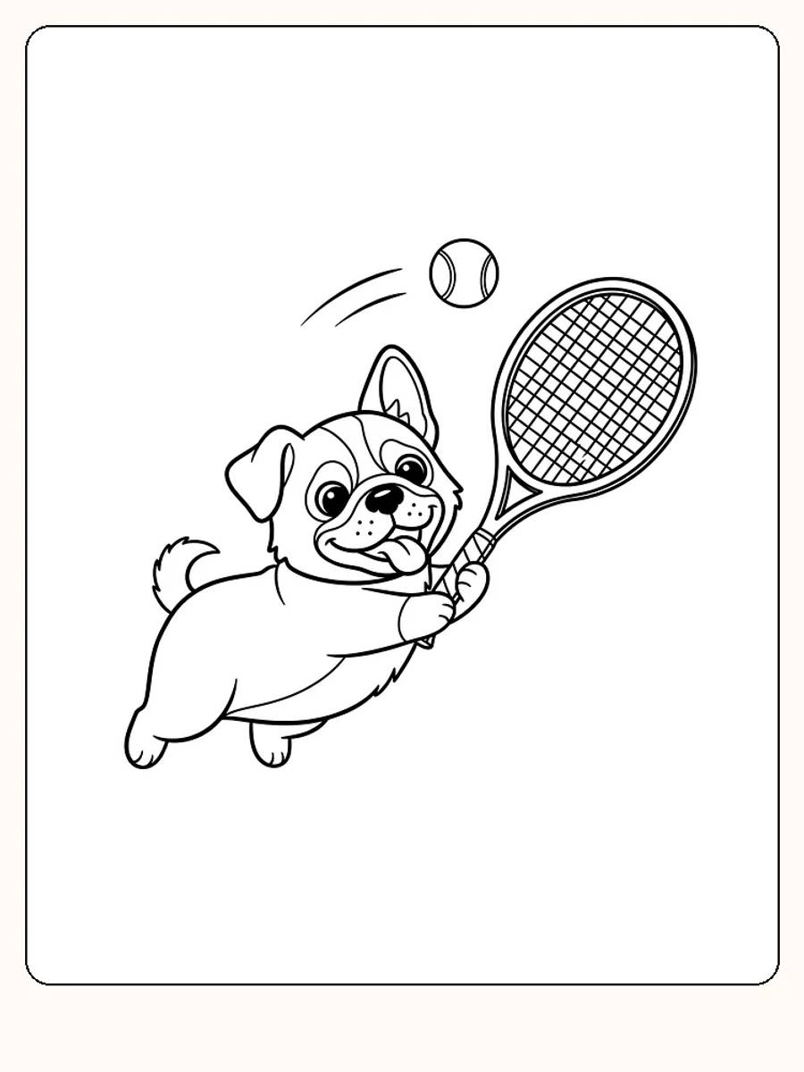 Fargeleggingstegning av hund som spiller tennis med racket og ball