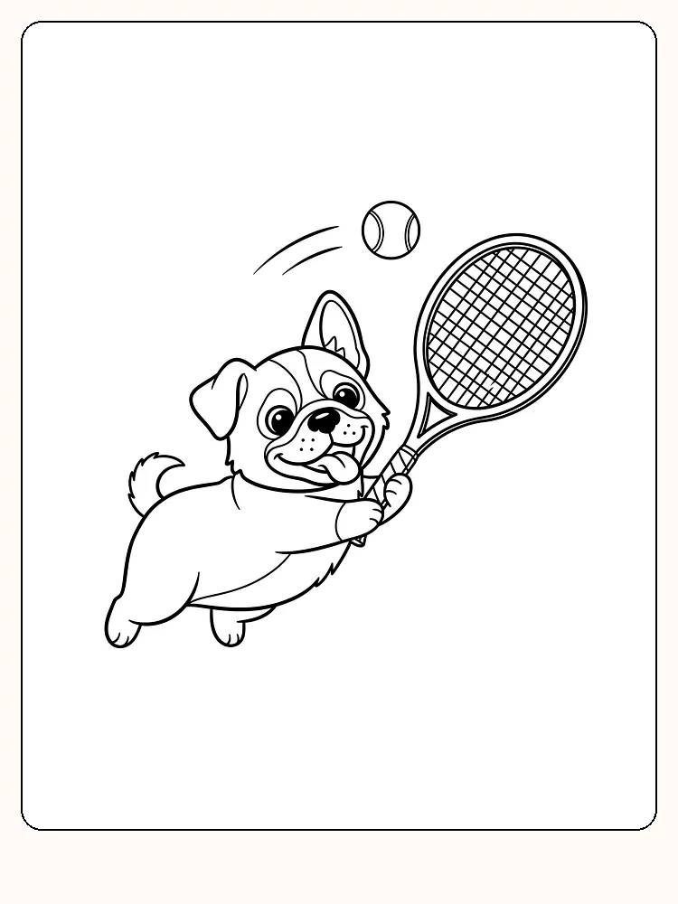 Fargeleggingstegning av hund som spiller tennis med racket og ball