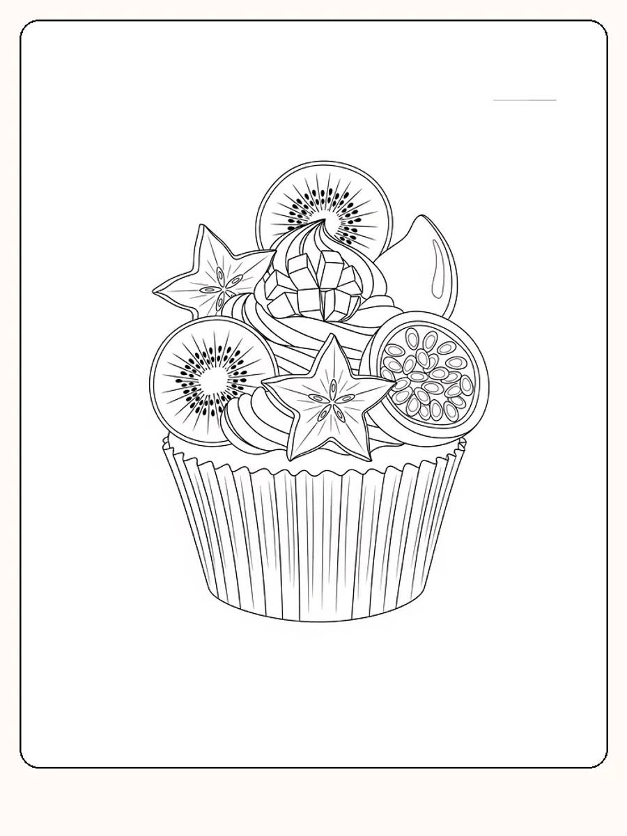 Fargeleggingsbilde av muffins med fruktdekorasjon, klar for utskrift