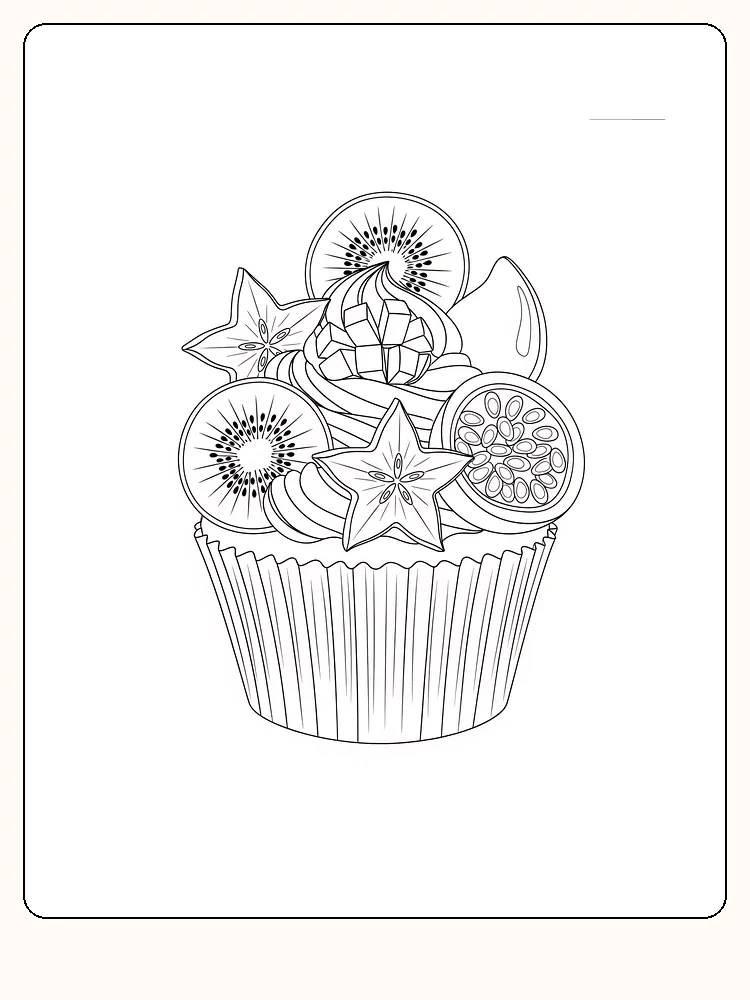 Fargeleggingsbilde av muffins med fruktdekorasjon, klar for utskrift