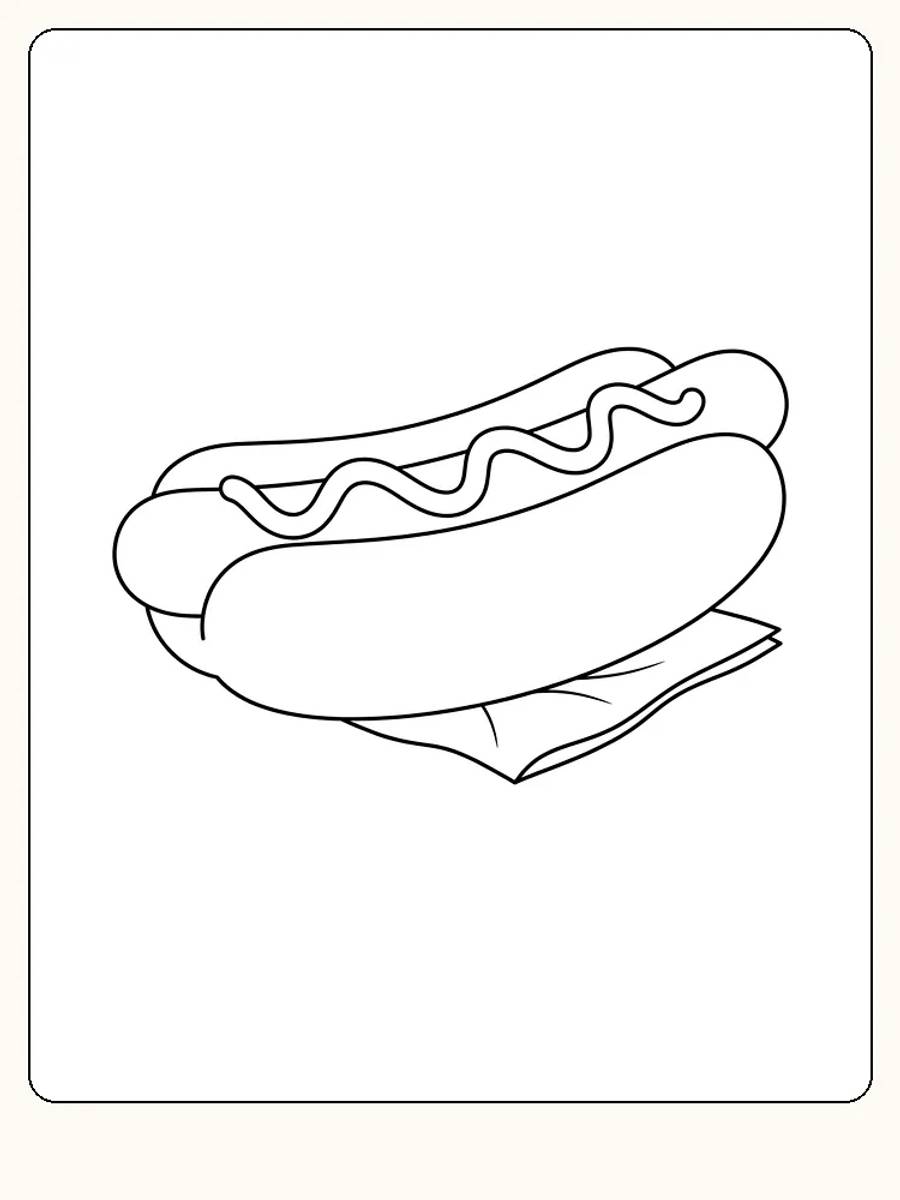 Hot-dog pour la fête nationale avec de la moutarde ondulée dessus et une serviette pliée dessous, sur fond blanc
