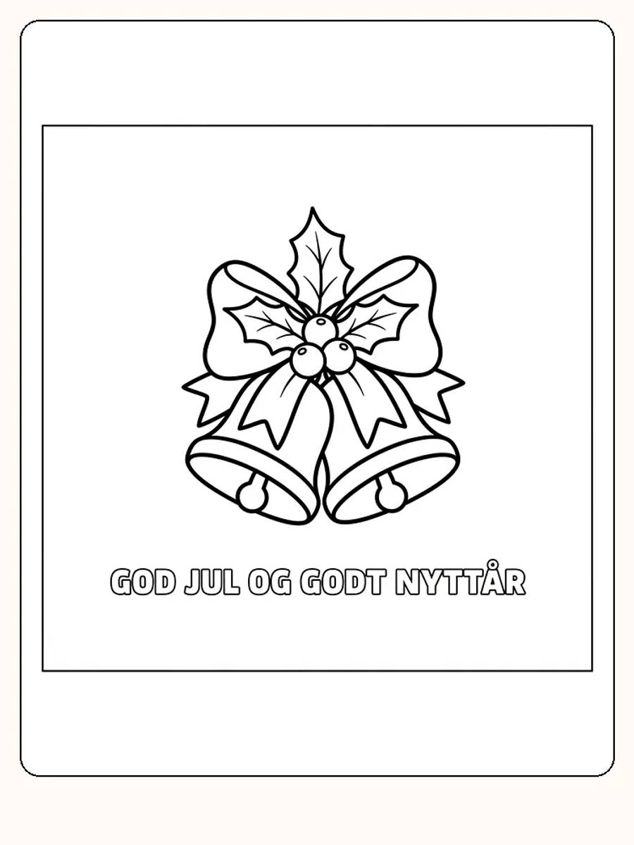 Fargeleggingstegning av julebjeller og sløyfe med teksten 'God jul og godt nyttår', klar for utskrift
