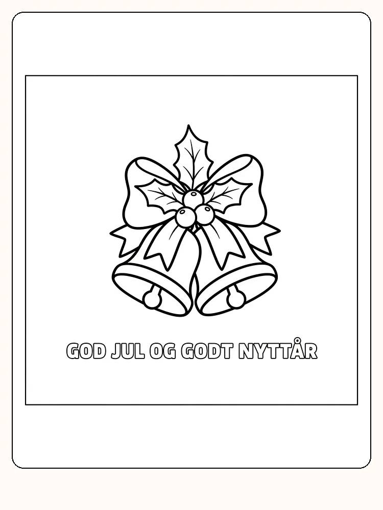Fargeleggingstegning av julebjeller og sløyfe med teksten 'God jul og godt nyttår', klar for utskrift
