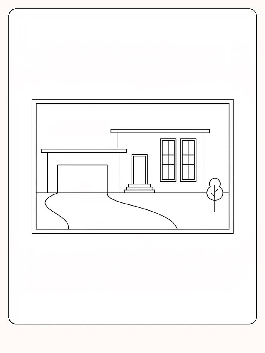 Fargeleggingsbilde av et moderne hus med garasje og tre, klar for utskrift