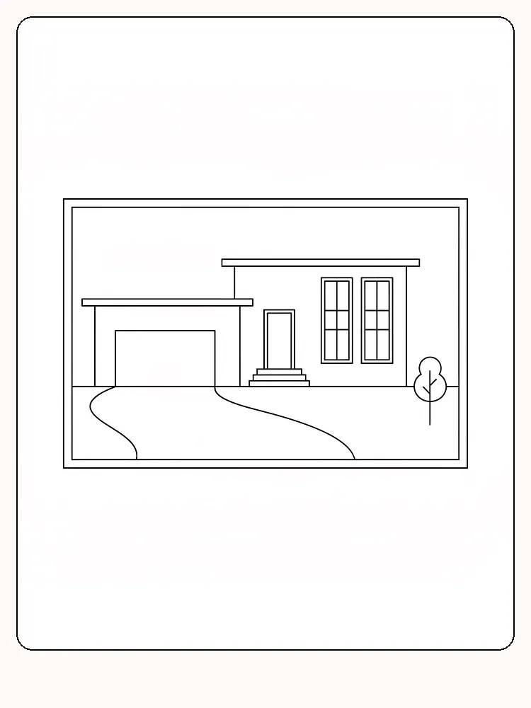 Fargeleggingsbilde av et moderne hus med garasje og tre, klar for utskrift
