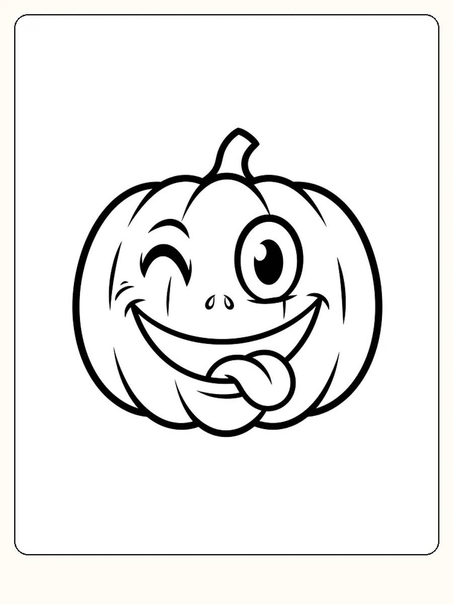 Tegning til farvelægning af et græskar med et stort smil og et blinkende øje, klar til print