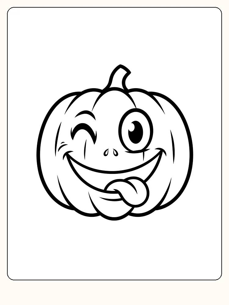 Tegning til farvelægning af et græskar med et stort smil og et blinkende øje, klar til print