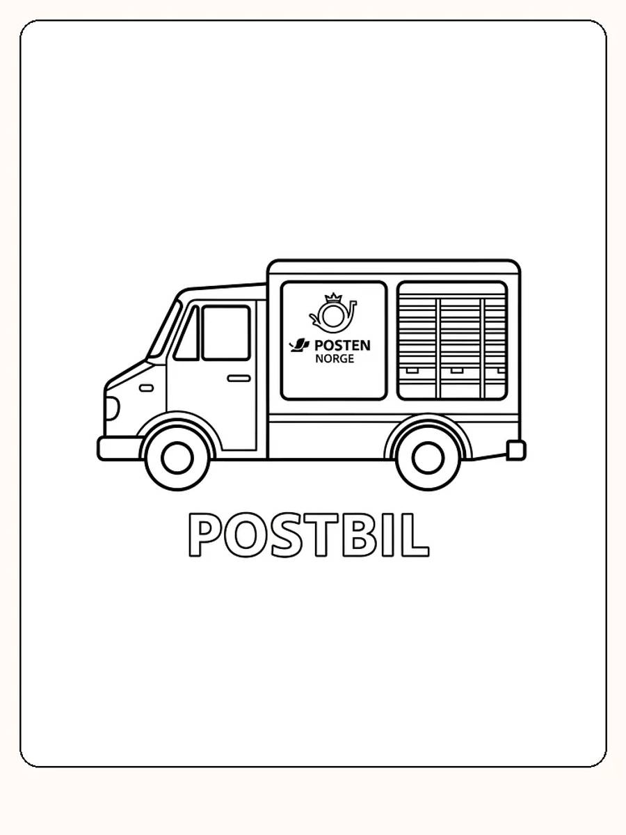 Fargeleggingstegning av en postbil med logoen til Posten Norge, tilgjengelig for nedlasting