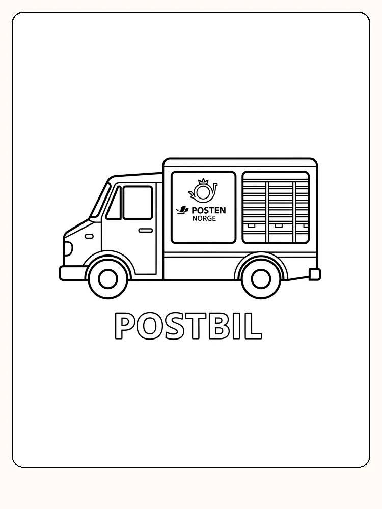 Fargeleggingstegning av en postbil med logoen til Posten Norge, tilgjengelig for nedlasting