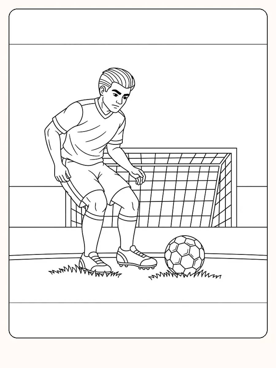 Fargeleggingstegning av fotballspiller ved mål med ball, klar for utskrift