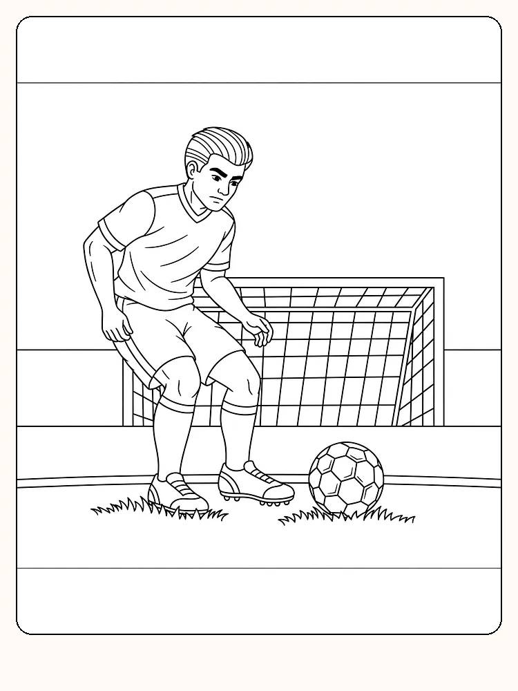 Fargeleggingstegning av fotballspiller ved mål med ball, klar for utskrift