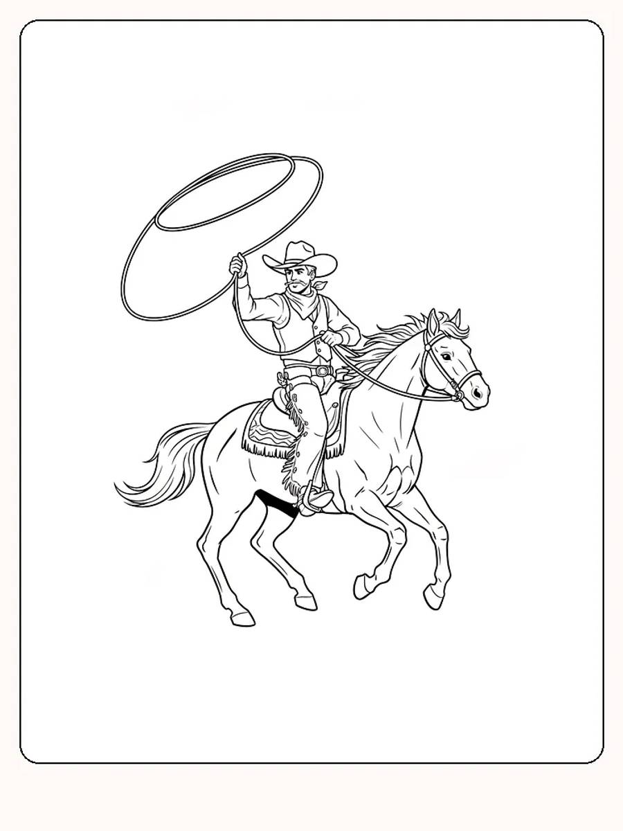 Fargeleggingstegning av en cowboy på hest med svingende lasso, klar for utskrift