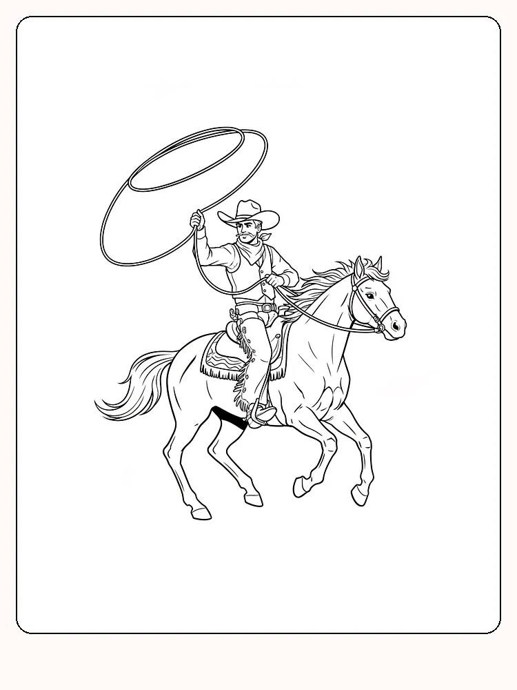 Fargeleggingstegning av en cowboy på hest med svingende lasso, klar for utskrift