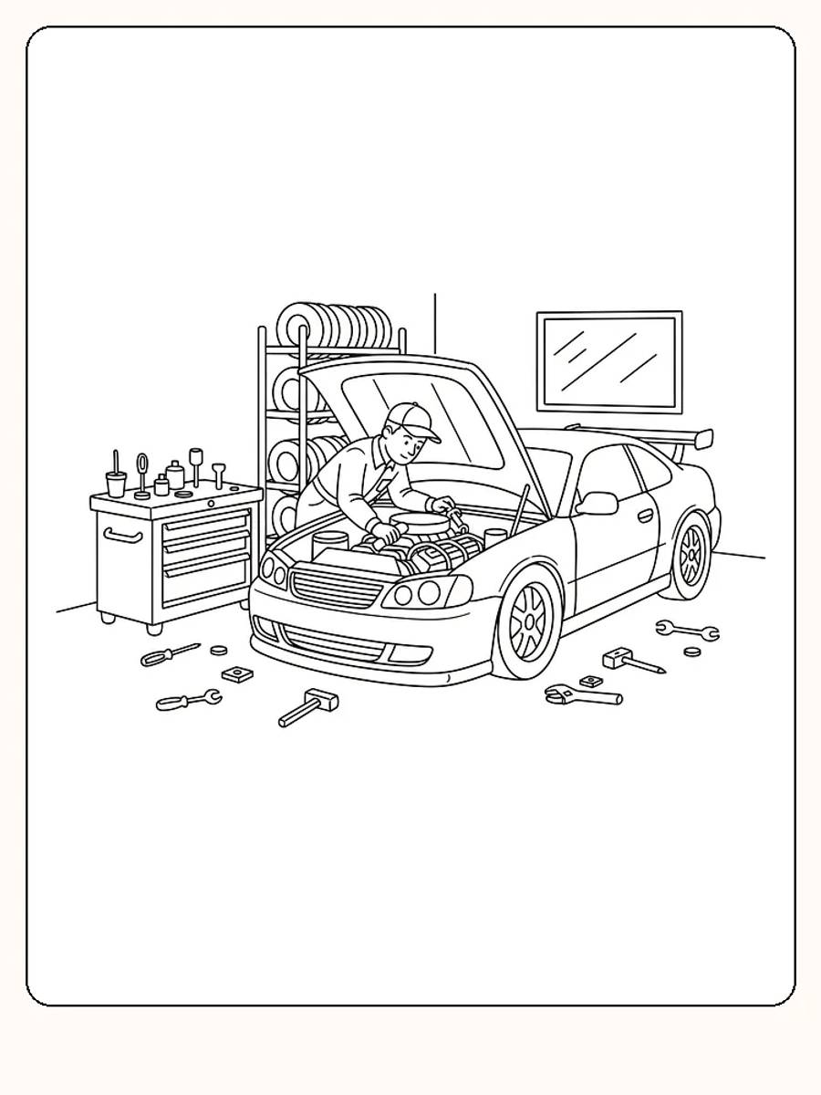 Tegning til farvelægning af en mekaniker, der arbejder på en bil i en garage, klar til print