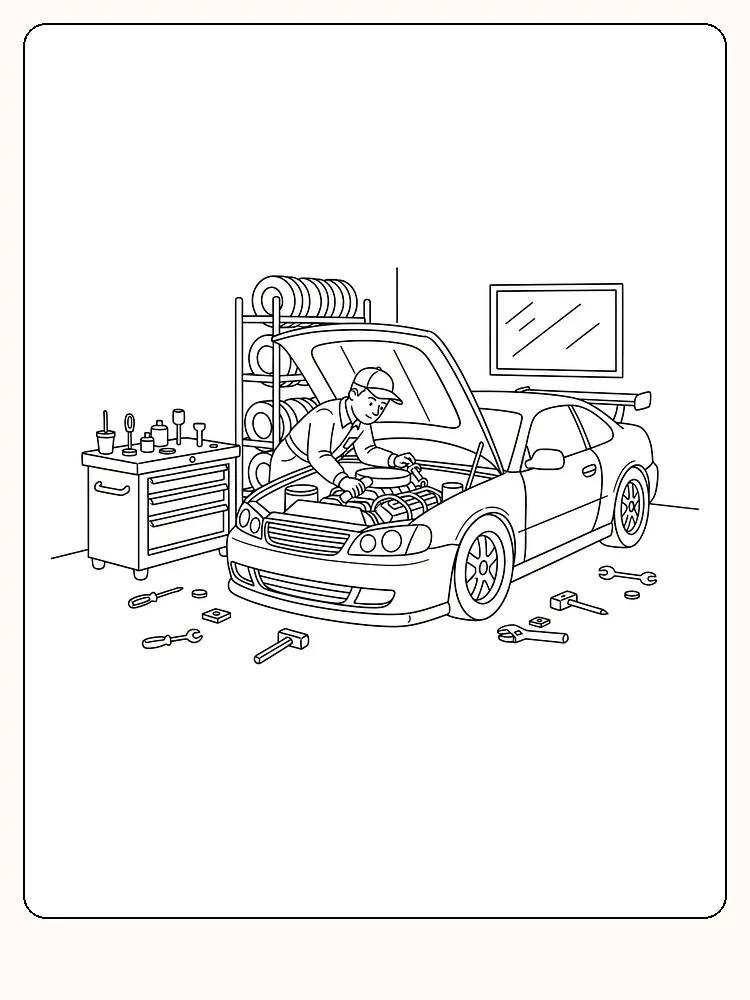 Tegning til farvelægning af en mekaniker, der arbejder på en bil i en garage, klar til print
