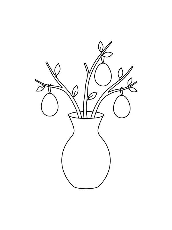 Vase avec des branches de Pâques et trois œufs suspendus