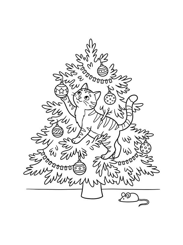 Kat, der klatrer i et juletræ