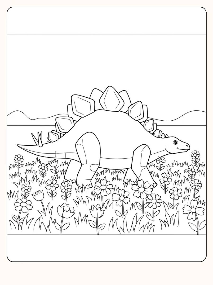 Fargeleggingsbilde av stegosaurus i blomstereng, detaljert og klar til å fargelegges