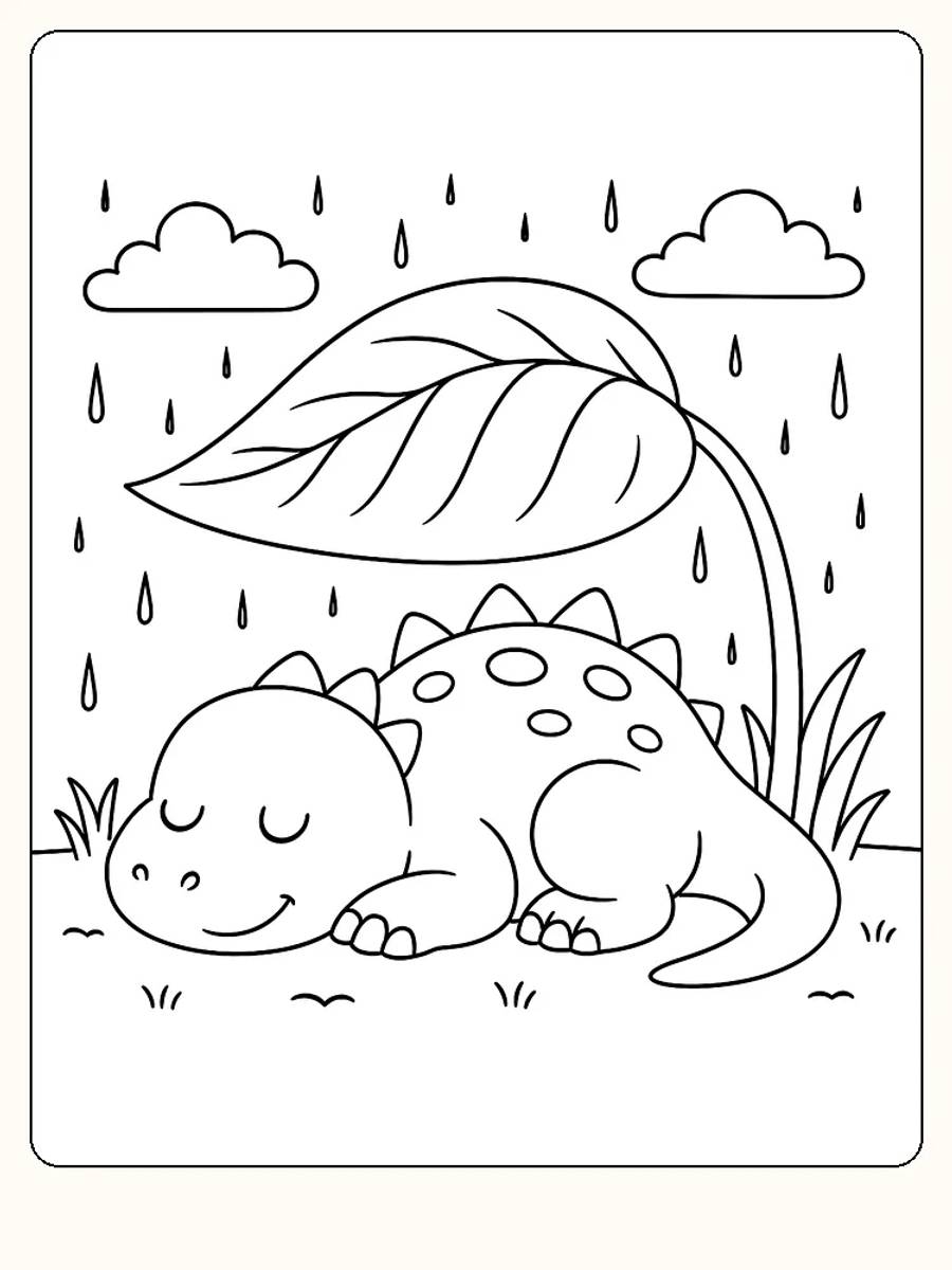 Fargeleggingstegning av en dinosaur som sover under et stort blad i regnet, klar for utskrift